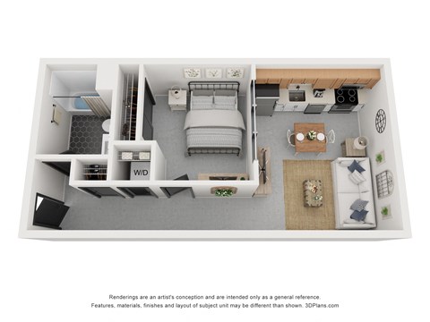 Floor plan for 1 bed, 1 bath, 638 sqft